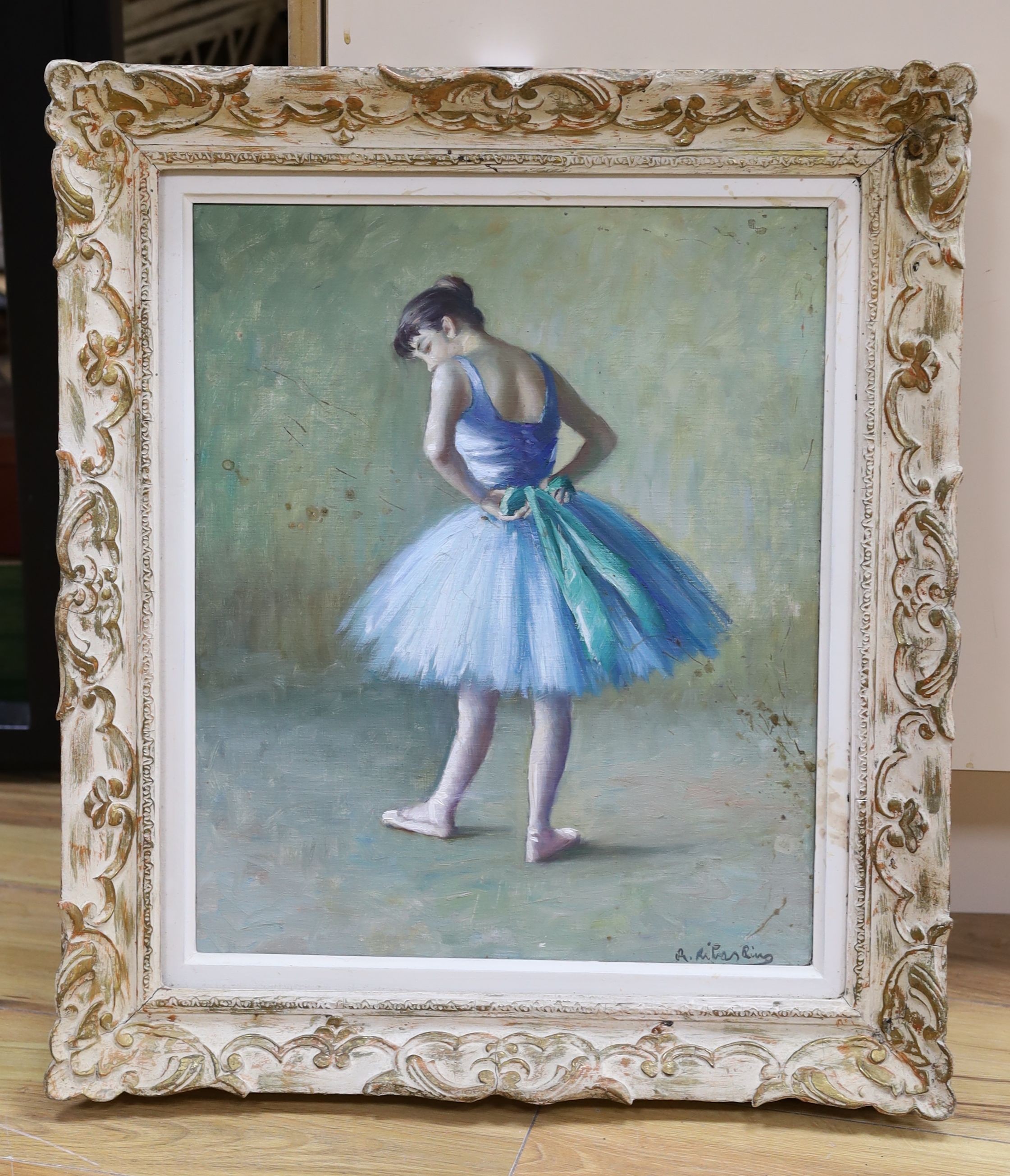 Ramon Ribas Ruis (1903-1983), oil on canvas, Study of a ballerina, signed, 44 x 36cm